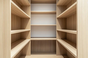 Empty light-wood built-in shelving