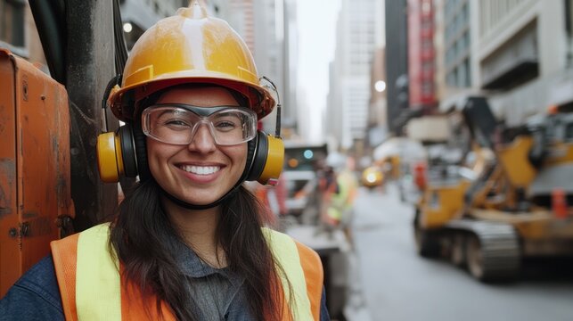Portrait of a cheerful female construction worker on a busy urban construction site