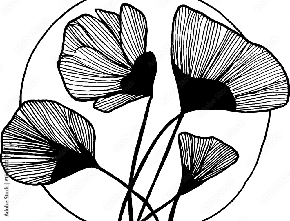 Poster elegant line art of floating petals in circular pattern for artistic design