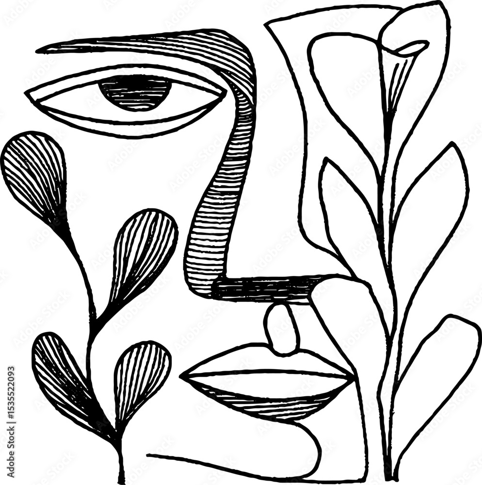 Poster abstract line art of fragmented face with botanical elements for artistic design