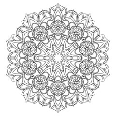 Asian floral mandala for adults coloring book. Vector ethnic circular ornament. Black and white linear illustration