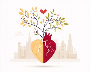 Creative Illustration of a Heart Tree Blending Nature and Urban Life
