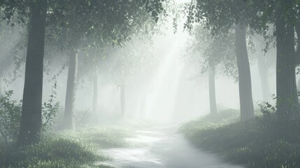 Fototapeta premium Serene Pathway Through a Misty Forest with Soft Sunlight Filtering Through Trees