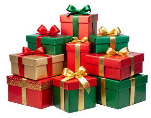 Obraz premium Stack of Wrapped Holiday Gifts with Bows and Ribbons, Isolated on Transparent Background.