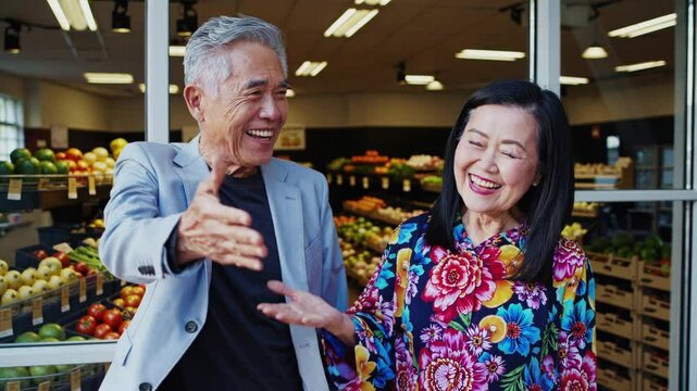 A Jubilant Duo's Grocery Outing: A cheerful elderly couple, filled with merriment, embark on a bright day's adventure to the local store, surrounded by fresh produce.