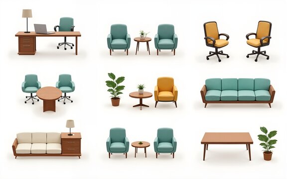 Office Furniture elements top view vector set. Kit for plan of office, house, apartment, workspace. Collection of Interior icon. Table, chair, sofa, plant. Symbol for interior design,. High quality