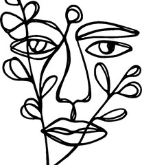 Minimalist line art face integrated with blooming botanical elements