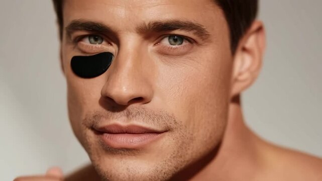 Selfcare routine: man applying eye patches for refreshing skincare glow