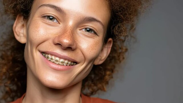 Joyful smiling woman with braces expressing happiness and confidence in closeup