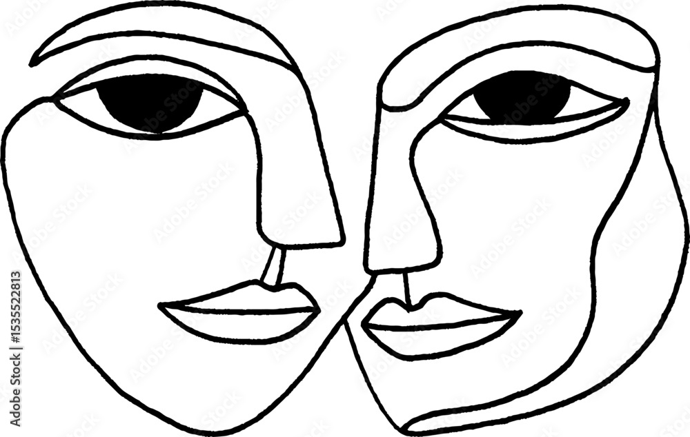 Poster minimalist line art of two overlapping faces - modern artistic expression