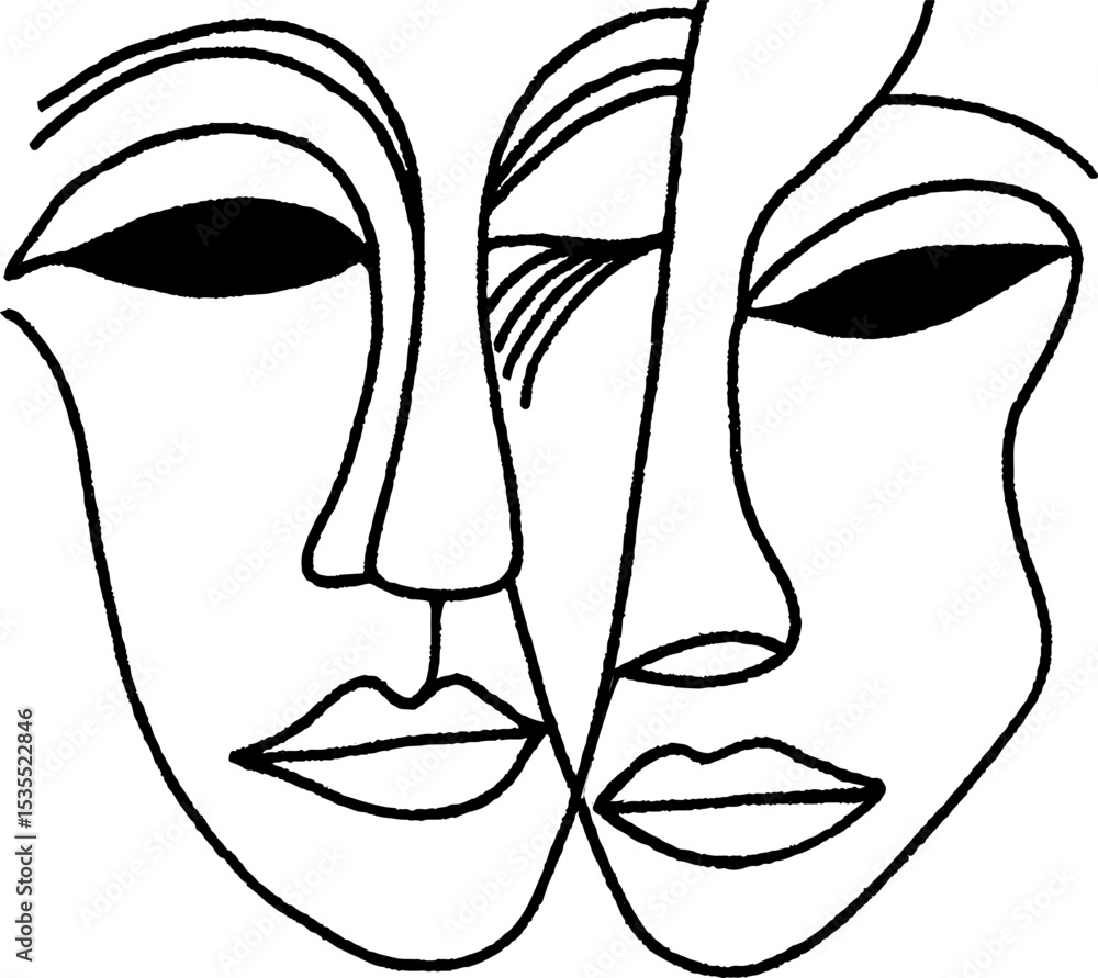 Poster abstract line art of two overlapping faces in minimalist style