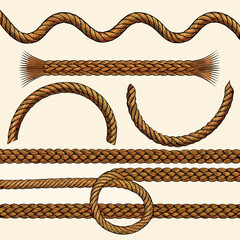 Detailed vector illustration of various vintage rope elements with different shapes and textures