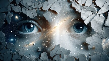 Face Emerging from Broken Wall with Cosmic Background Elements