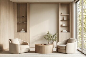 Modern minimalist living room with beige armchairs