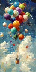 Fototapeta premium Vibrant colorful balloons floating high in the sky attached to a small basket, creating a whical and joyful scene with fluffy clouds and bright sunlight background