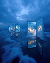 Surreal Doors Opening to a Dreamlike Sky Over Calm Waters