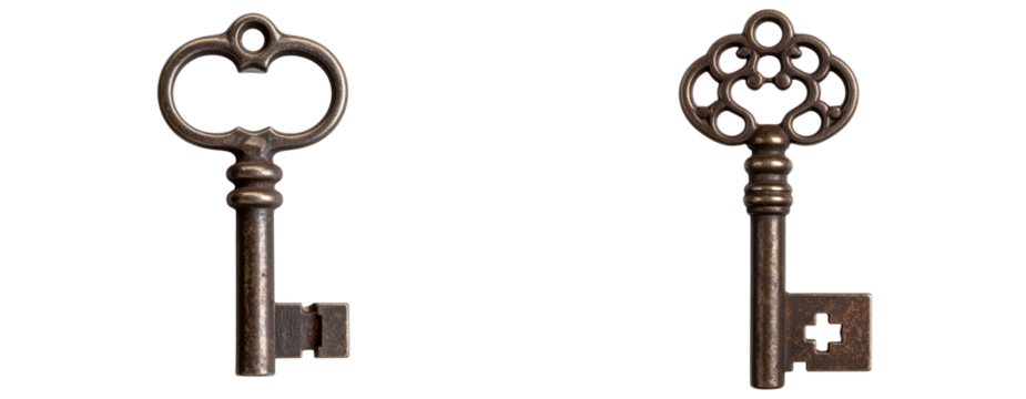  Vintage Skeleton Key with Rusted Patina and Ornate Handle, Transparent Background. - Powered by Adobe