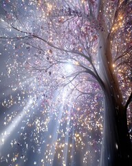 Magical glowing tree with shimmering leaves and soft light beams