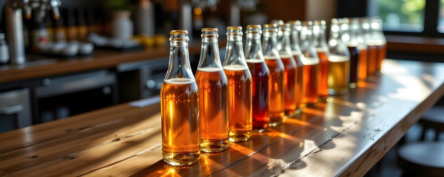 Golden Brews in Harmony: An array of meticulously arranged beer bottles, showcasing a gradient of amber hues, stand in a crisp, brightly lit bar, inviting the viewer to savor the moment.
