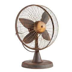 Vintage metal table fan with rustic design and round base, showcasing unique wire mesh cover and four blades, perfect for adding retro touch to any space
