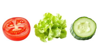 A halved tomato, a bunch of lettuce, and a sliced cucumber are arranged against a black background.