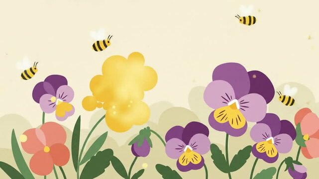 Cartoon Bees Flying Around Flowers and Pollen in Spring Illustration
