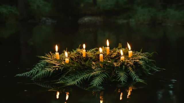 Floating fern wreath with burning candles on water. Traditional Ivana Kupala holiday ritual, solstice celebration, pagan ceremony. Magic practices for Beltane and Litha.