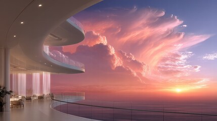 Elegant modern balcony with stunning sunset and colorful clouds
