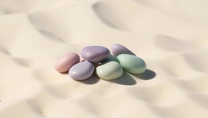 Small cluster of smooth pastel-colored stones lying neatly on pale sand in soft ambient light, minimalist and natural composition

