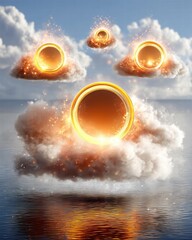 Magical celestial orbs floating above serene water and clouds
