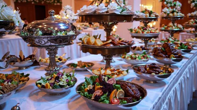 Feast of Culinary Delight: A lavish buffet table laden with an array of exquisite dishes, presenting a tantalizing spread of culinary artistry. Emphasizing the vibrant colors, textures.