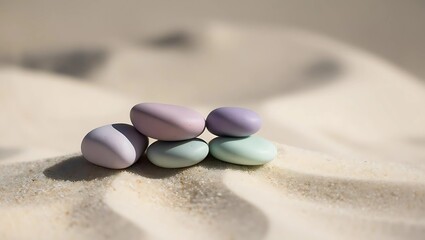 Obraz premium Small cluster of smooth pastel-colored stones lying neatly on pale sand in soft ambient light, minimalist and natural composition 