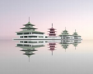 Serene Reflection of Modern Pagodas on Calm Water Surface