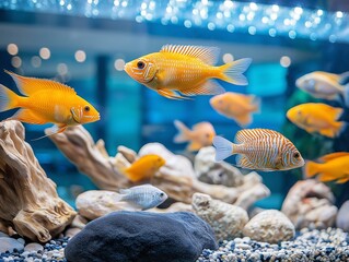 Colorful tropical aquarium fish swimming among stones and driftwood in a natural underwater scene.