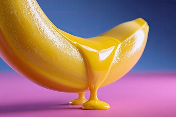 Yellow paint dripping down a banana with a purple and blue background