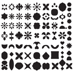 Brutalist abstract geometric shapes. Y2K Geometric design element shapes. Figures, stars, spiral flower and circles. Bauhaus memphis design geometric silhouette elements design