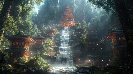 Ancient temple complex nestled in a lush, misty forest, waterfall cascading down mountainside