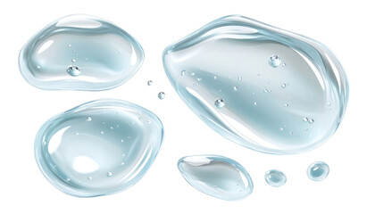 Closeup of five transparent water drops on a dark background.  The largest drops are in the shape of an oval, while the smaller drops are more circular.
