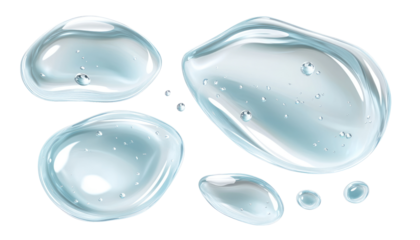 Closeup of five transparent water drops on a dark background.  The largest drops are in the shape of an oval, while the smaller drops are more circular.