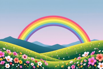 Fototapeta premium a tranquil landscape featuring a vibrant rainbow arching over a pastoral scene with lush greenery and fields dotted with colorful