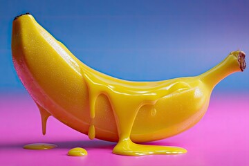 A banana covered in yellow glossy liquid sits against a purpleblue background
