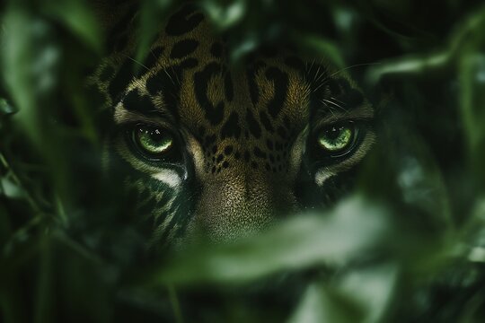 Jaguar eyes peering through leaves.
