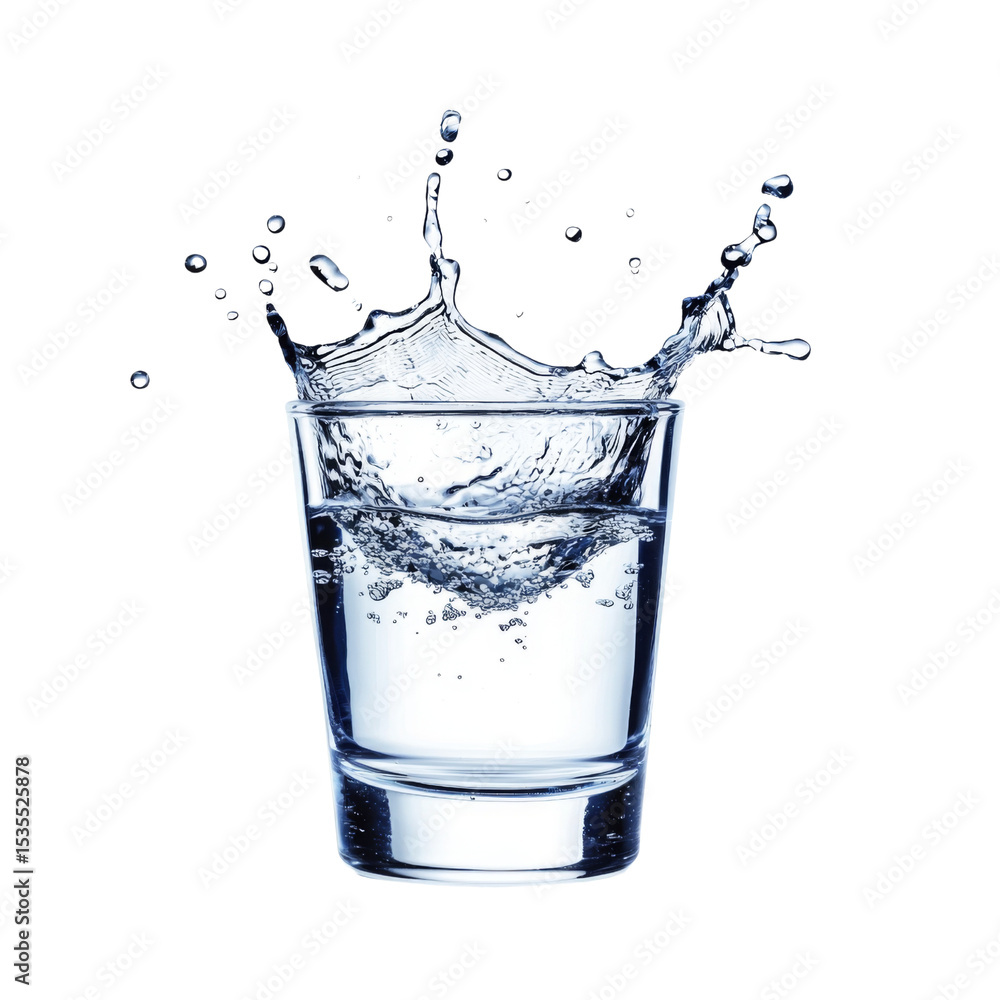 Poster glass of water splashes, creating dynamic droplets and ripples, showcasing beauty of liquid motion. 