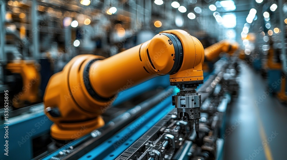 Poster automated assembly line with a bright orange robot arm