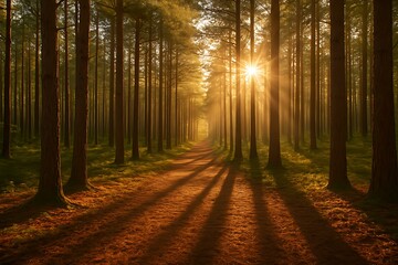 Fototapeta premium Pine Forest with Sunbeams Piercing Through Gaps Between Tall Trees
