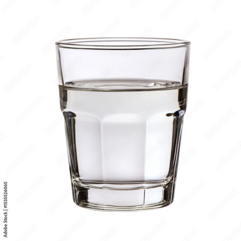 Poster clear glass filled with water, showcasing its transparency and simplicity. glass has modern design, 