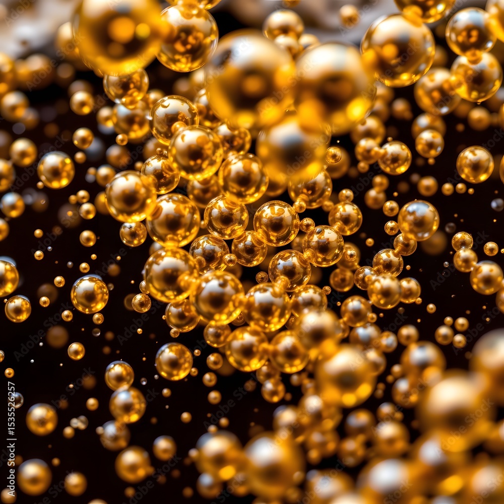 Poster golden spheres: a mesmerizing macro view of numerous luminous spheres, their surfaces reflecting lig