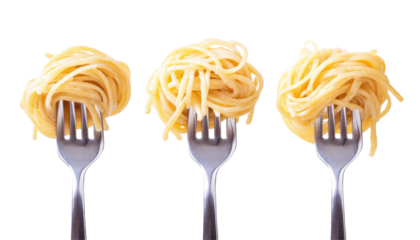 Three forks with a pile of cooked spaghetti on each.