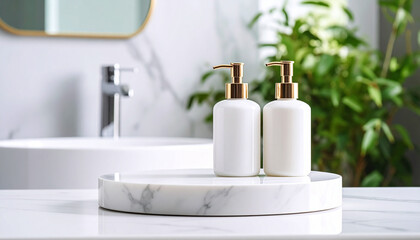 White Marble Round Podium for Bathing Products Display in Bathroom with Spa Shampoo and Gel