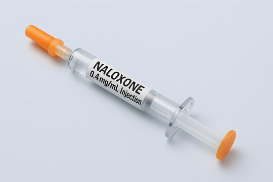 Realistic 3D render of a Naloxone 0.4 mg/mL injection syringe with orange safety cap. Used in emergency opioid overdose treatment. Medical and pharmaceutical concept.